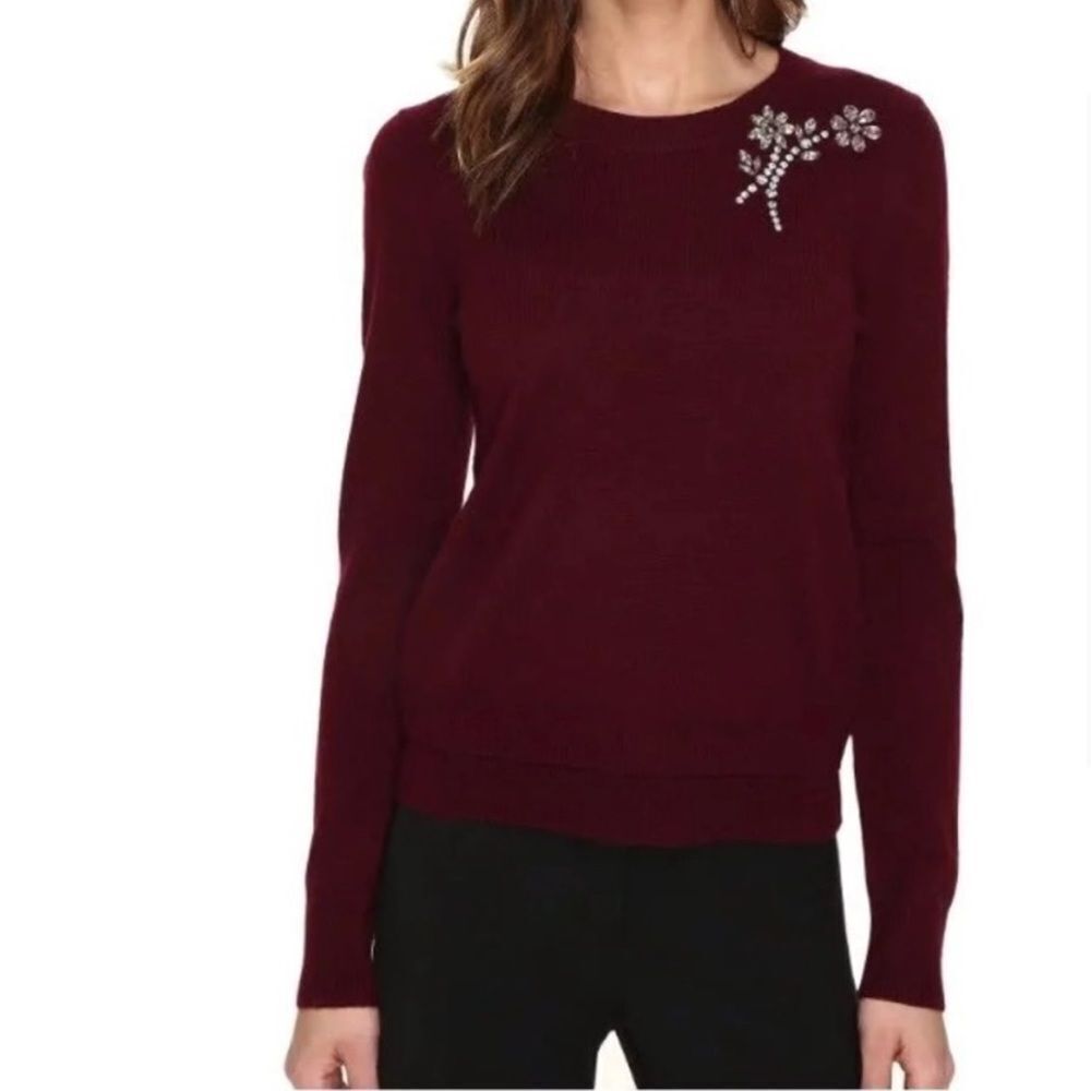 kate spade Burgundy Sweater with Embellished Crystal Floral Design